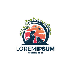 Dog and cat logo design template vector on the beach
