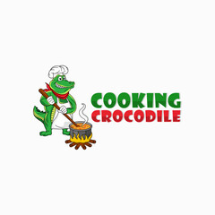Crocodile Chef Cooking Logo Design, Cartoon Vector Icon Illustration.