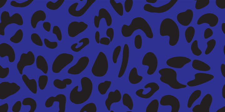 Leopard texture on a blue background. Animalistic seamless pattern. Vector hand-drawn illustration. 