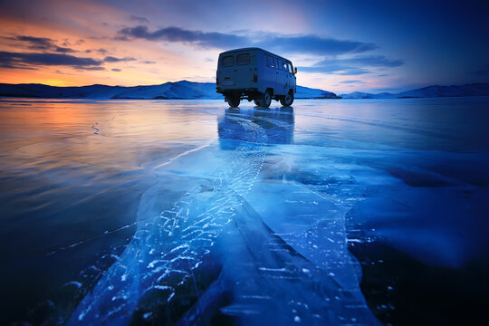 off-road vehicle on the ice of lake baikal, olkhon travel extreme road auto in winter