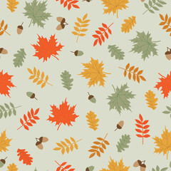 Seamless pattern with acorns and autumn leaves. Print for wallpaper, gift paper, textiles.