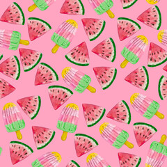 Watercolor hand drawn summer objects pattern, watermelon, frozen ice cream, summer background, cartoon objects, tasty, light pink background