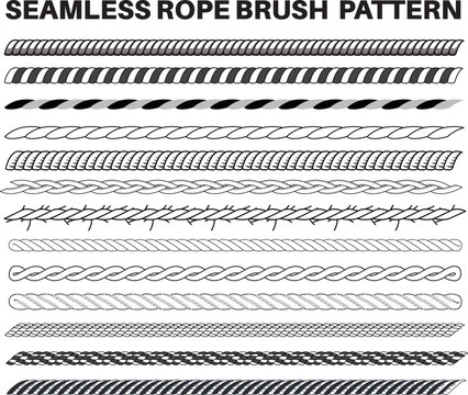Seamless Rope pattern brushes flat sketch vector illustration, Set of Braided cable, yarn and thread Brush set