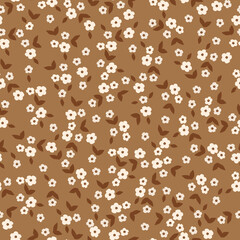Simple vintage pattern. small white flowers, dark brown leaves. brown background. Fashionable print for textiles and wallpaper.