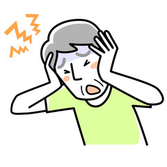 頭痛で困るシニア男性の上半身