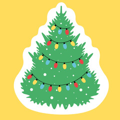 Happy New Year sticker. Christmas tree decorated with string Christmas colored lights. Green, prickly, bright. Snowing.