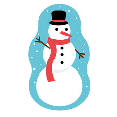 Three-ball snowman. With hat and red scarf. Waving hand. Carrot nose, buttons. Sticker for new year, winter sticker. Snowflakes on a blue background. Vector