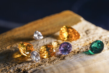 Natural Sapphire gemstone, Jewel or gems on black shine color, Collection of many different natural gemstones amethyst,
