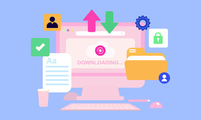 Downloading process on screen of computer concept. Cloud storage for downloading. Vector illustration in flat style.