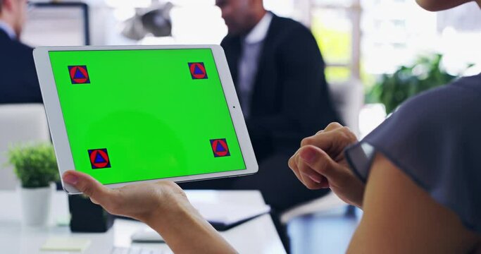 Green screen, mockup and chromakey on a tablet with tracking markers for marketing, advertising and design in the hands on a business woman in the office. Closeup of a digital software company