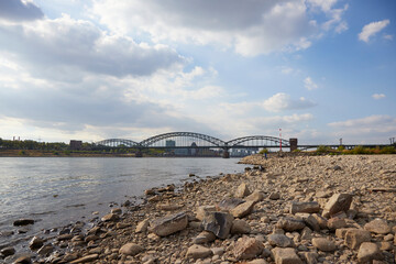 dry shore of rhine river in Cologne at extremly low tide, caused by rainless summer