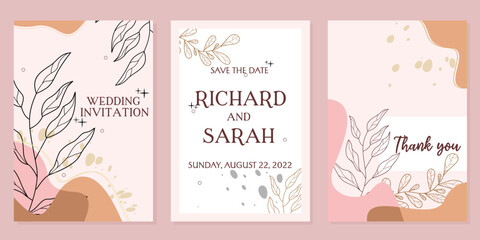 Fototapeta na wymiar aesthetic boho themed wedding invitation design set. pink background with hand drawn leaf elements