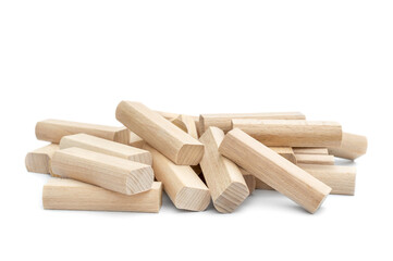 Heap of wooden blocks for kids game on white.