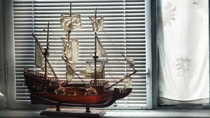 Model handmade ship, completed, unknown model, at the window, side view