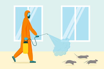 Pest home control. Rodents extermination. People in uniform spray pesticide against rats. Professional mouse poison sanitization by smoke. Deratization service. Vector illustration - obrazy, fototapety, plakaty