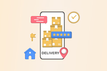 Online delivery courier service or delivery tracking mobile application concept on smartphone with packing coming out. Global logistic concept, quick and fast cargo shipment. 3d vector illustration.
