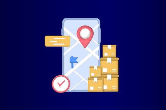 Online delivery courier service or delivery tracking mobile application concept on smartphone with packing coming out. Global logistic concept, quick and fast cargo shipment. 3d vector illustration.