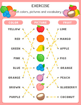 Draw a line matching the words and picture about fruits exercises sheet kawaii doodle vector cartoon