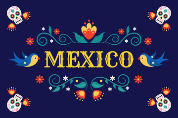 Mexico embroidery pattern. Holiday floral banner, Mexican birthday or fiesta day, traditional lettering card. Skeletons with flowers, birds and botanical ornament. Vector design banner