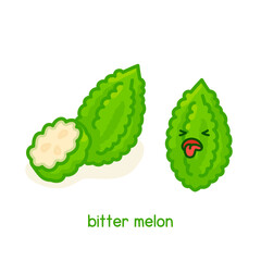 Green bitter gourd kawaii doodle flat cartoon vector illustration