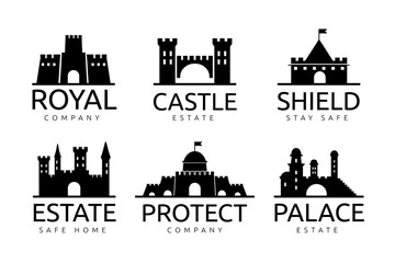 Fototapeta premium Castle icon. Fort logo. Stronghold silhouette. Old building. Outline fortress. Ancient fairytale citadel construction. Company brand emblem. Palace symbol. Vector cartoon logotype set
