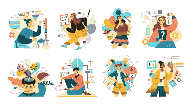 Personality hobby. Talent and mindset types. MBTI characters. Logic man. Intelligence creative guy. Science and creativity. Artistic woman. Mental structures set. Vector flat illustration