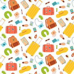 Travel trip pattern. Road bag and flight luggage, tourism accessories, background with suitcase and backpack with sign label. Vector seamless texture for decor textile, wrapping paper
