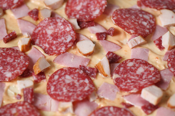 Raw pizza, close up. Cooking process