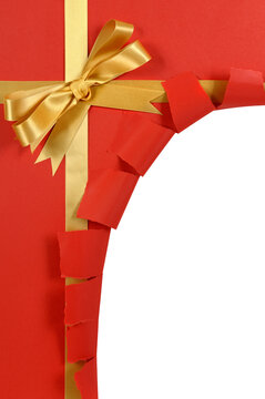 Red and gold christmas gift torn open unwrapping isolated transparent background photo PNG file