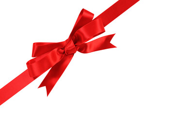 Red gift ribbon and bow isolated diagonal transparent background photo PNG file