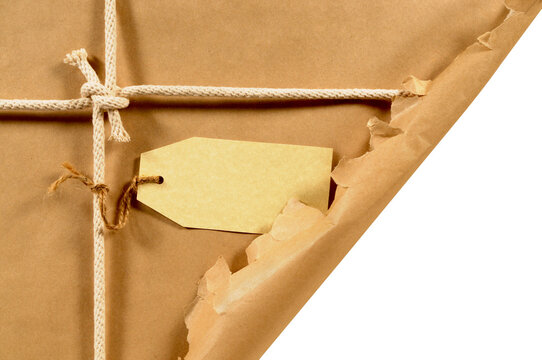 Torn open brown paper parcel background with label transparent photo PNG file