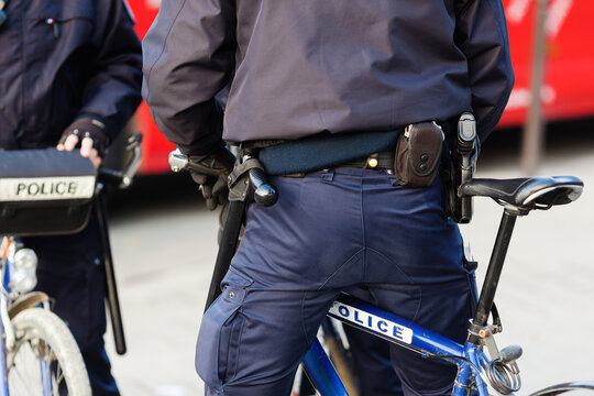 closeup picture of french bicycle policeman