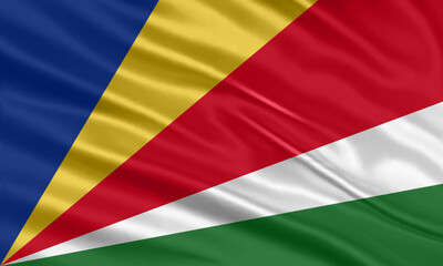 Seychelles flag design. Waving Seychelles flag made of satin or silk fabric. Vector Illustration.