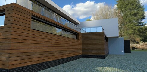 Facade cladding with wood. Modern country house. Wonderful terrace with glass railing on the second floor. 3d render.
