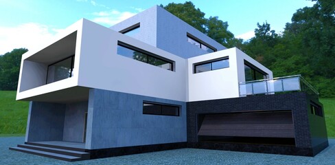 Futuristic design of a three-story country house. Entrance to building and garage. Finishing the facade with concrete and black brick. 3d render.