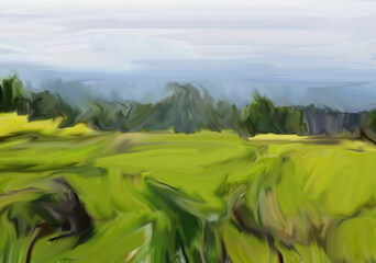 landscape with green grass and mountains, painting abstract