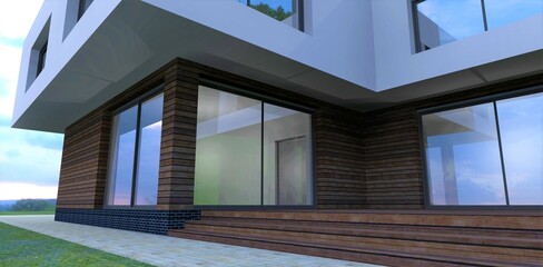 Fototapeta premium Wooden steps of the terrace of a designer country house. Large reflective windows. Black brick plinth finish. The blind area is old slate. 3d render.