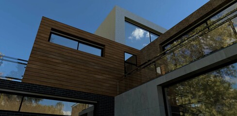 A combination of finishing options for the facade of a modern country house. View from below. The client can understand which material is better to choose. 3d render.