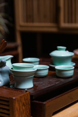 tea set on a wooden table