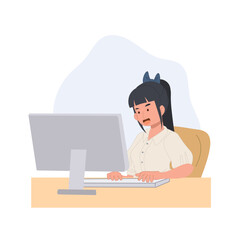 Fototapeta na wymiar students girl sitting with PC, surf internet, use social media. Flat vector illustration.