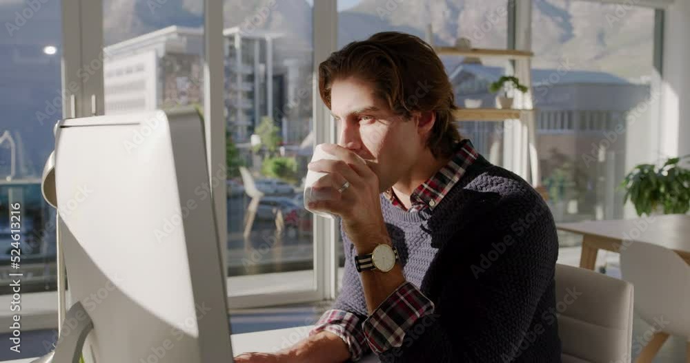 Aufkleber thinking, coffee and idea with a business man working on a computer in a creative office on a design