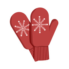 Red mittens,a pair decorated with a snowflake,isolated on a white background.Vector illustration of mittens.