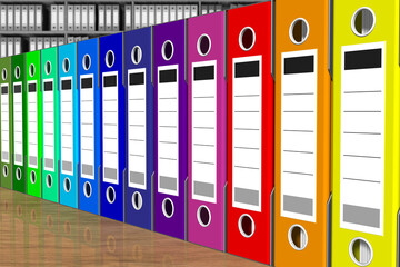 Serie di raccoglitori cartelle di vari colori per la classificazione dei documenti. Database..