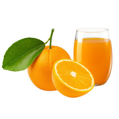 Fresh orange juice and orange fruit isolated on alpha layer background