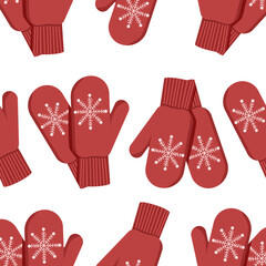 Seamless Christmas pattern of red mittens with a snowflake on a white background.Vector pattern can be used in textiles, paper.