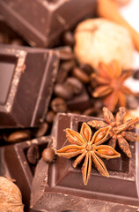 chocolate bars with its ingredients isolated on white background