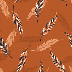 Fototapeta na wymiar Boho seamless pattern. Ethnic feathers. Vector illustration on pastel background. 