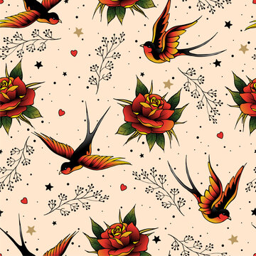 Old school tattoo seamless pattern. Pattern with Love Elements. 