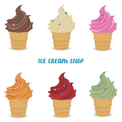 Kawaii ice creams, Set of ice cream and cakes vector illustration.