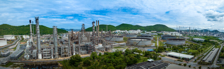 Oil Refinery Gas Chemical Equipment Prodiction import export Concept, Crude Oil Refinery Plant Steel Pump Pipe line and Tank and Cooling tower, Chemical or Petrochemical Factory plant, industry